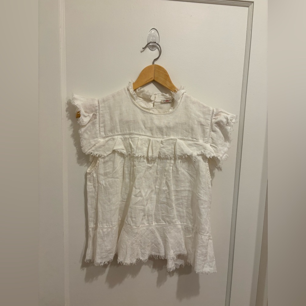 Faherty White Cotton & Linen Fringed Top Small